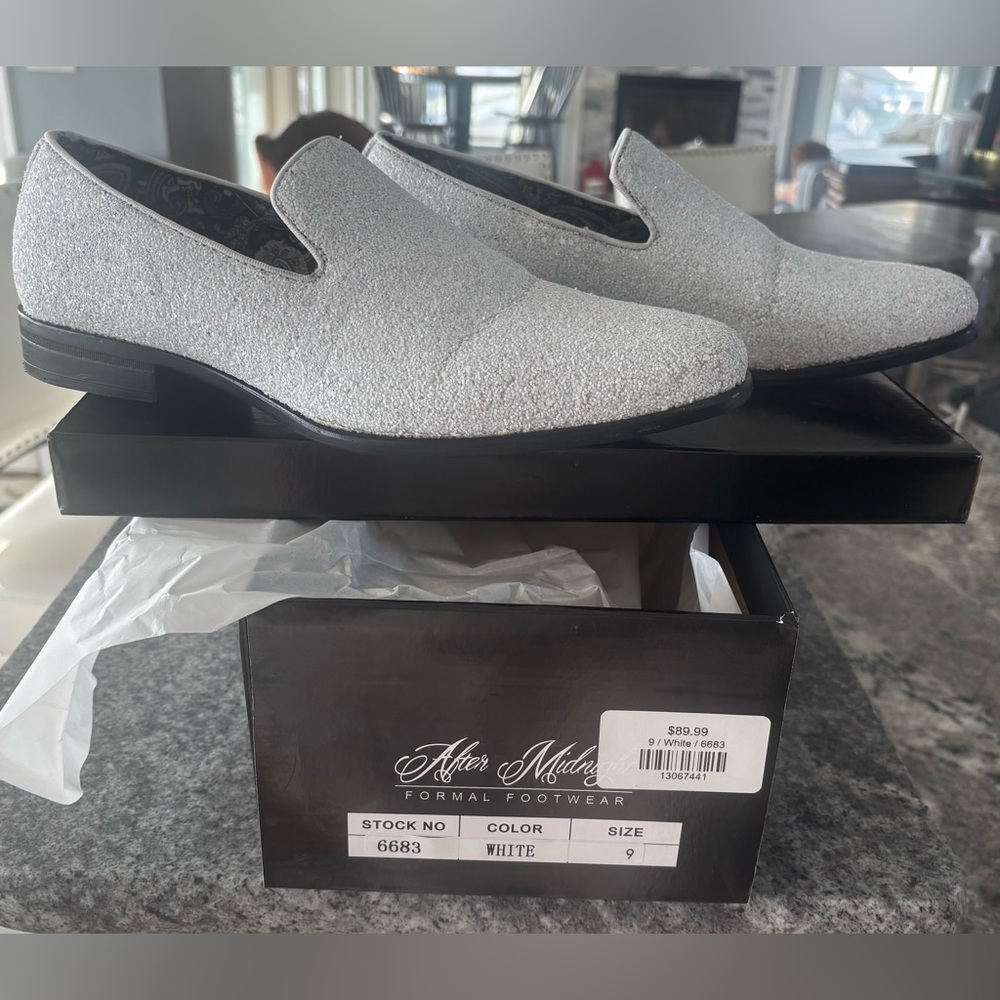 White Smoking Glitter Loafers